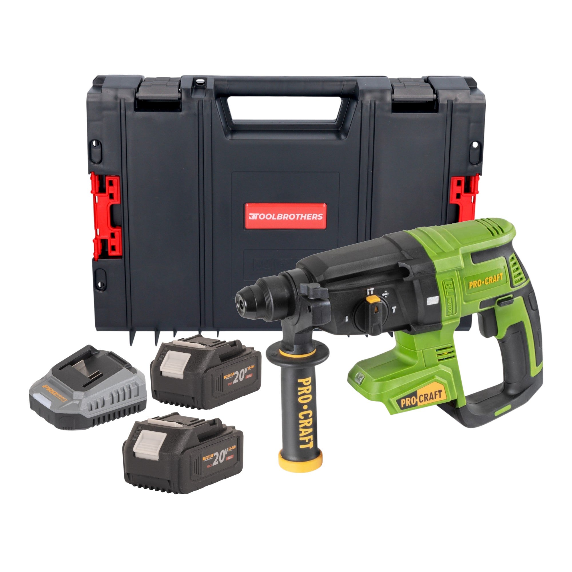 Procraft PHA40bb Akku Bohrhammer 20 V 2,6 J SDS plus Brushless + 2x Akku 4,0 Ah + Ladegerät + RHINO Toolcase