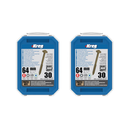 Kreg 2x HD Protec-Kote Maxi-Loc Vis pour trous de poche 64 mm ( 2x SML-C2X250-30-INT ) Filetage grossier 60 pces