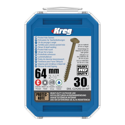 Kreg 4x HD Protec-Kote Maxi-Loc Vis pour trous de poche 64 mm ( 4x SML-C2X250-30-INT ) Filetage grossier 120 pièces