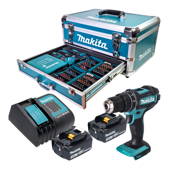 Makita DHP 482 SFX9 Akku Schlagbohrschrauber 18 V 62 Nm 2x Akku 3 0 Ah Ladegeraet 96 tlg Zubehoer Set Koffer 0 - toolbrothers