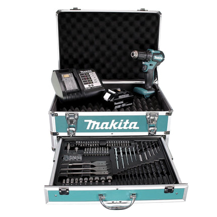 Makita DDF 483 SMX4 perceuse-visseuse sans fil 18 V 40 Nm sans balais + 1x batterie 4,0 Ah + chargeur + 70 pièces. Coffret forets + coffret
