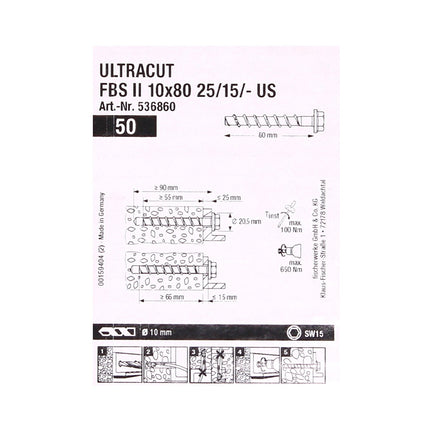Vis à béton Fischer ULTRACUT FBS II 10x80mm 25/15/- 100 pièces tête hexagonale SW15 (2x 536860)