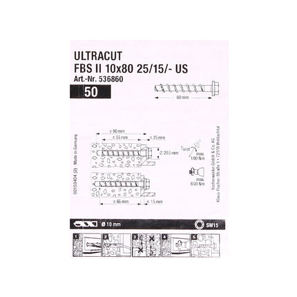 Vis à béton Fischer ULTRACUT FBS II 10x80mm 25/15/- 200 pièces tête hexagonale SW15 (553687)