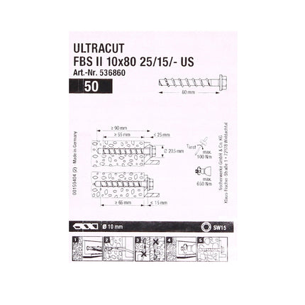 Vis à béton Fischer ULTRACUT FBS II 10x80mm 25/15/- 100 pièces tête hexagonale SW15 (2x 536860) + Makita NEMESIS 2 SDS-Plus 10x215mm (B-58213).