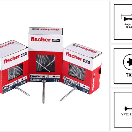 Fischer Power-Fast II FPF II Vis à bois aggloméré 3,5x25mm,Tête ronde, Torx, Filetage total, Zingué blanc, Passivé bleu, 200pcs. (670101)