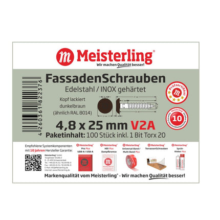 Meisterling Vis de façade 4,8x25 mm - 100 pièces (010020000031) tête plate 12 mm brun foncé + Filetage partiel Torx en acier inoxydable V2A