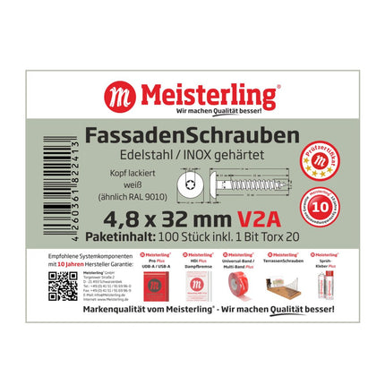 Meisterling Vis de façade 4,8x32 mm - 100 pièces (010020000101) 12 mm tête plate blanche + Filetage partiel Torx en acier inoxydable V2A