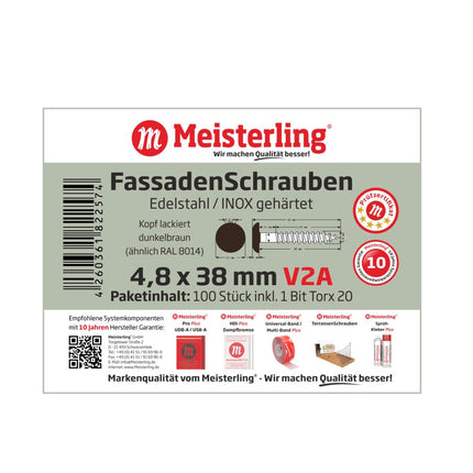 Meisterling Vis de façade 4,8x38 mm - 100 pièces (010020000231) tête plate 12 mm brun foncé + Filetage partiel Torx en acier inoxydable V2A