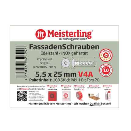 Meisterling Vis de façade 5,5x25 mm - 100 pièces (010030000021) tête plate 12 mm gris clair + Filetage partiel Torx V4A acier inoxydable