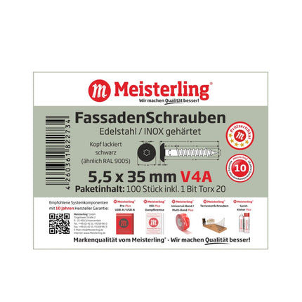 Meisterling Vis de façade 5,5x35 mm, 100 pcs., tête plate 12 mm, filetage partiel, empreinte Torx, acier inoxydable V4A, noir (010030000151)