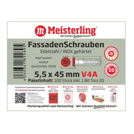 Meisterling Vis de façade 5,5x45 mm, 100 pcs., tête plate 12 mm, filetage partiel, empreinte Torx, acier inoxydable V4A, rouge oxyde (010030000351)