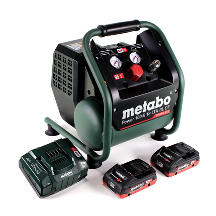 Metabo Power 160-5 18 LTX BL OF compresseur sans fil 18 V 8,0 bars sans brosse + 2x batterie LiHD 4,0 Ah + chargeur + chargeur de batterie.