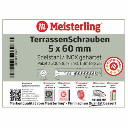Meisterling Vis pour terrasse 90° 5x60 mm, 1200 pcs., tête fraisée, filetage Torx 2/3, acier inoxydable VA (6x 010010000021)
