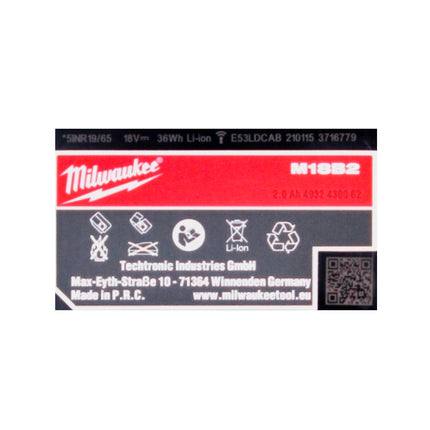 Milwaukee M18 B2 Set de batteries 2x 2,0Ah / 2000mAh - 18V, RED Li-Ion (2x 4932430062)