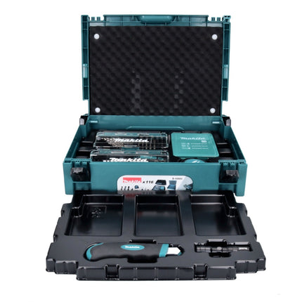 Makita Set d'embouts et de forets / Lampe de poche / Tournevis à cliquet / Porte-embouts à changement rapide / Ruban à mesurer / Couteau / Coffret Makpac 116 pcs. (B-49884)
