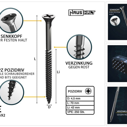 HausHalt Universal Holzbauschraube Holzschraube 4,5 x 70 mm PZ2 250 Stk. ( 000051371177 ) silber verzinkt Kreuzschlitz Pozidriv Senkkopf Teilgewinde - Toolbrothers