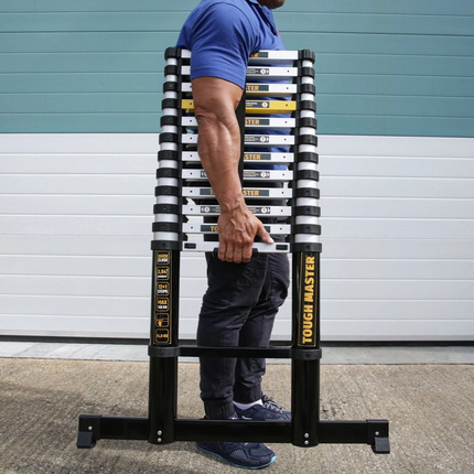 TOUGH MASTER 3,8 m hohe ausziehbare Teleskopleiter aus 1,8mm dickem Aluminium, robust, rutschfeste gummifüße, zusammengeklapt 1,18 m ( ML-1004A ) - Toolbrothers