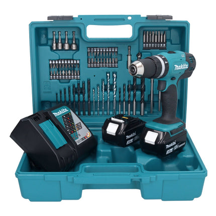 Makita DHP 453 RFX1 Perceuse-visseuse à percussion sans fil 18 V 42 Nm + 2x Batteries 3,0 Ah + Chargeur + Kit d'accessoires - 74 pièces + Coffret