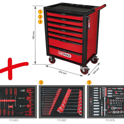 KS TOOLS RACINGline SCHWARZ/ROT Werkstattwagen mit 7 Schubladen und 215 Premium-Werkzeugen ( 826.7215 ) - Toolbrothers