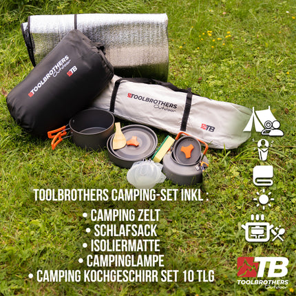Toolbrothers Outdoor Camping-Set Tente pour 2-4 personnes Tente hydraulique avec matelas isolant & équipement de camping 14 pcs.