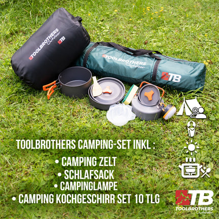 Toolbrothers Outdoor Camping-Set Tente pour 2-4 personnes Tente hydraulique Pop-Up + équipement de camping 13 pcs.