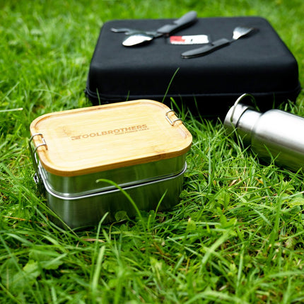 Toolbrothers Fan boîte à déjeuner dans étui rigide en acier inoxydable 2 étages couvercle en bambou 1340 ml + gourde en acier inoxydable 600 ml + 4 en 1 couverts multifonctions