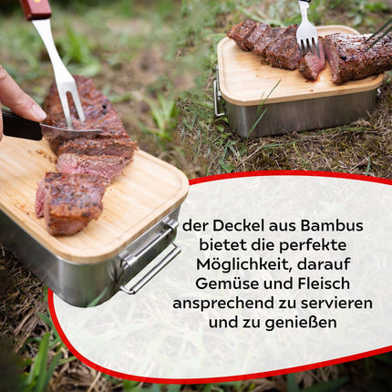 Toolbrothers Fan boîte à déjeuner dans étui rigide en acier inoxydable 2 étages couvercle en bambou 1340 ml + gourde en acier inoxydable 600 ml + 4 en 1 couverts multifonctions