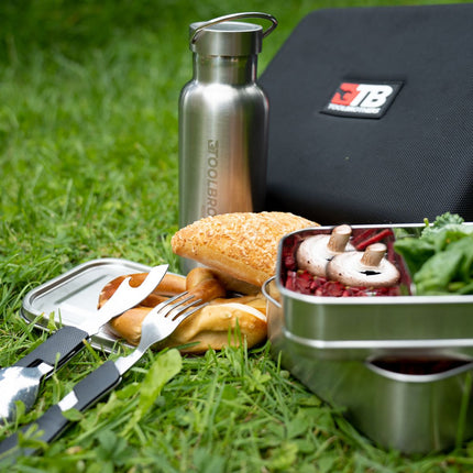 Toolbrothers Fan Boîte à déjeuner en étui rigide avec Sac de transport étanche avec 2 étages et couvercle en acier inoxydable 1340 ml + Gourde en acier inoxydable 600 ml + Couverts multifonctions 4 en 1