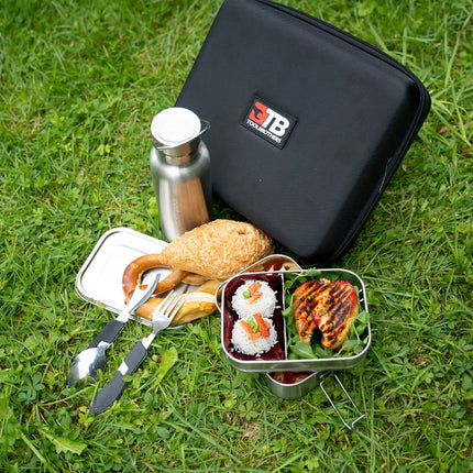 Toolbrothers Fan Boîte à déjeuner en étui rigide avec Sac de transport étanche avec 2 étages et couvercle en acier inoxydable 1340 ml + Gourde en acier inoxydable 600 ml + Couverts multifonctions 4 en 1