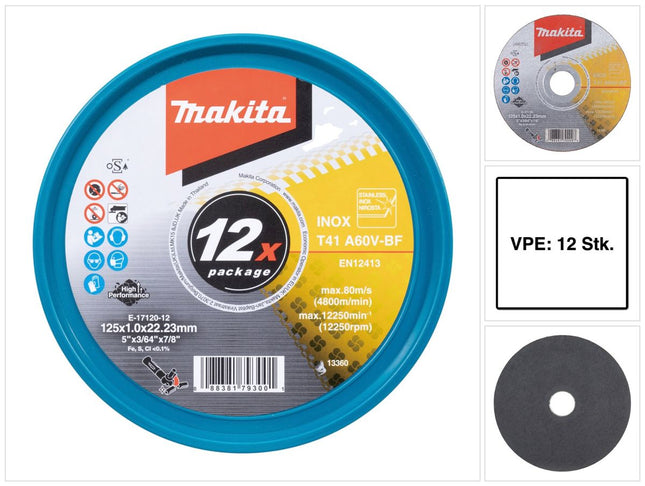Makita E-17120-12 Disques à tronçonner INOX 125 x 1,0 x 22,23 mm A60V-BF 12 pièces en boîte