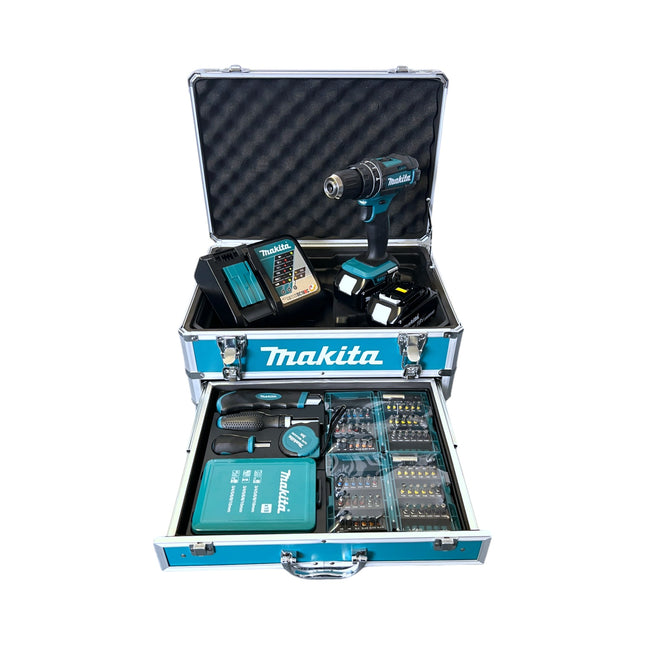 Makita DHP 482 RFX9 Perceuse-visseuse à percussion sans fil 18 V 62 Nm + 2x batterie 3,0 Ah + chargeur + kit accessoires + coffret