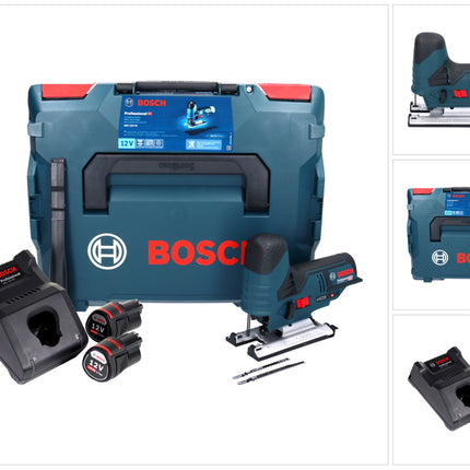 Bosch GST 12V-70 Professional Scie sauteuse sans fil avec boîtier L-Boxx + 2x Batteries GBA 12 V 3 Ah + Chargeur rapide GAL 1230 CV